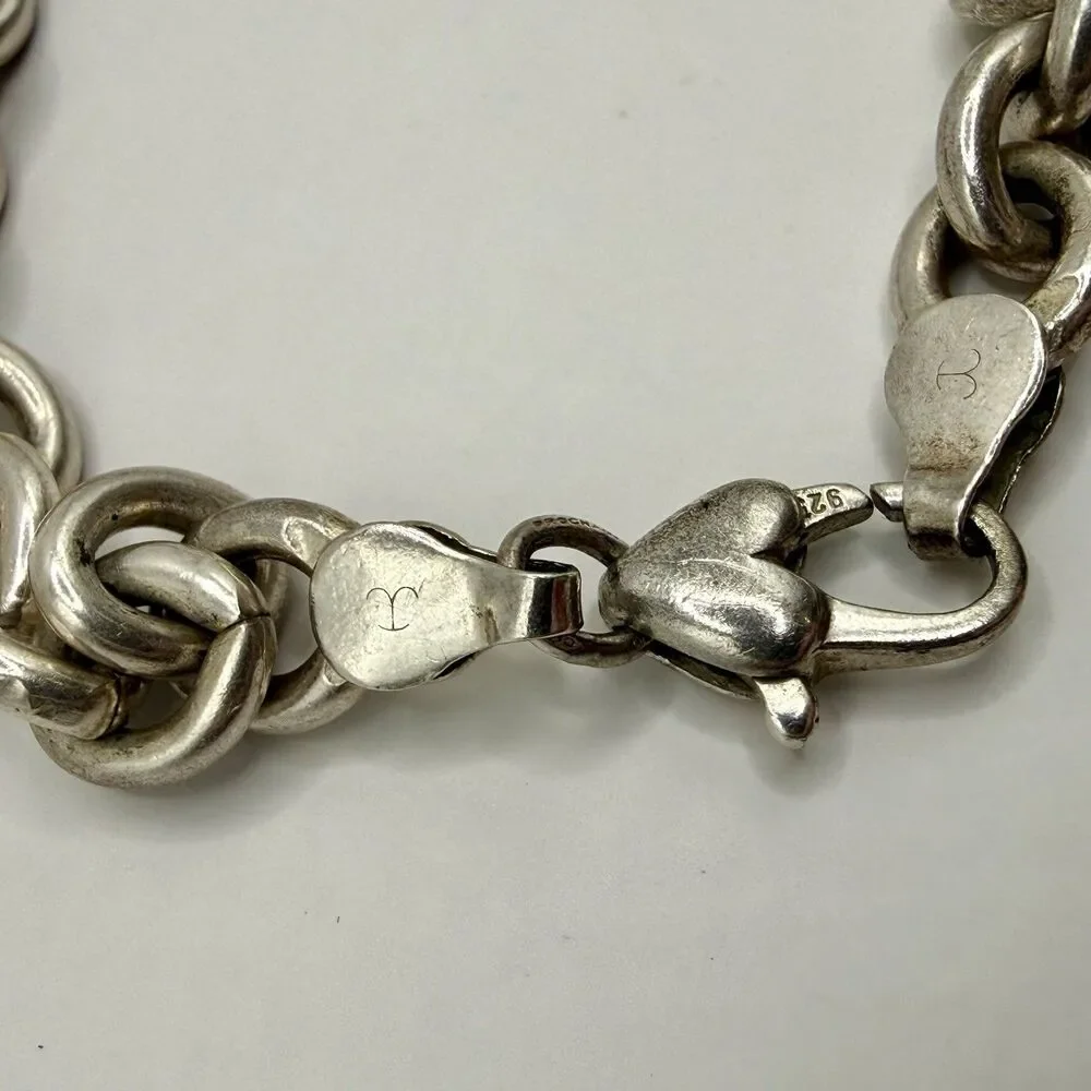 Vintage Judith Jack 14k Gold Heart Tag 925 Silver Rolo Link Chain Charm Bracelet